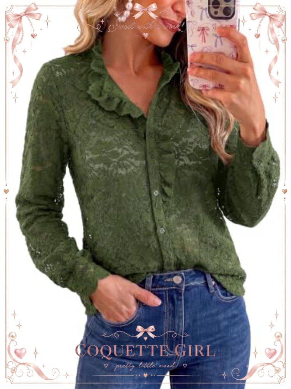 Lace Button Down Shirt Long Sleeve V Neck Ruffle Collar Blouse